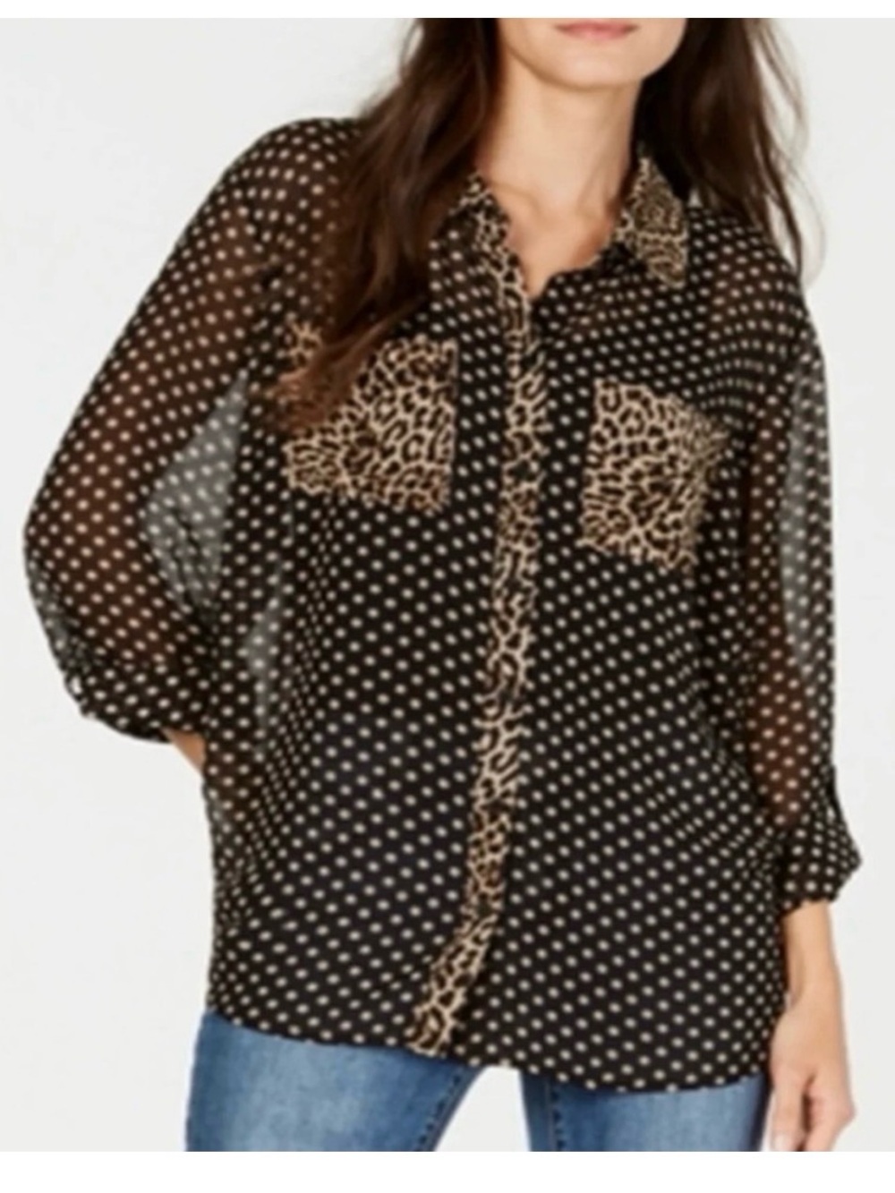 INC International Concepts Sheer Black  Tan Polka Dot Animal Print Blouse XL